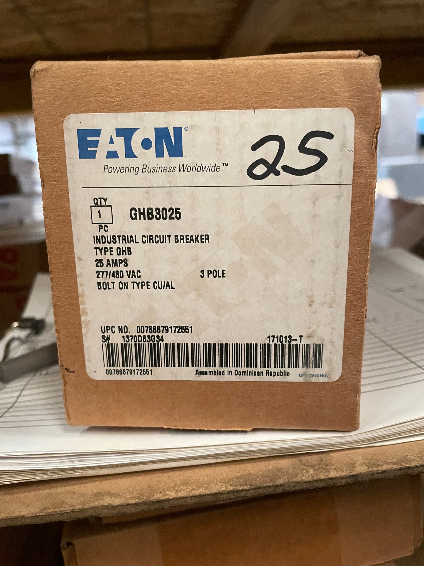 Eaton/Cutler-Hammer GHB3025 3 Pole Circuit Breaker 25A 3P - New Surplus