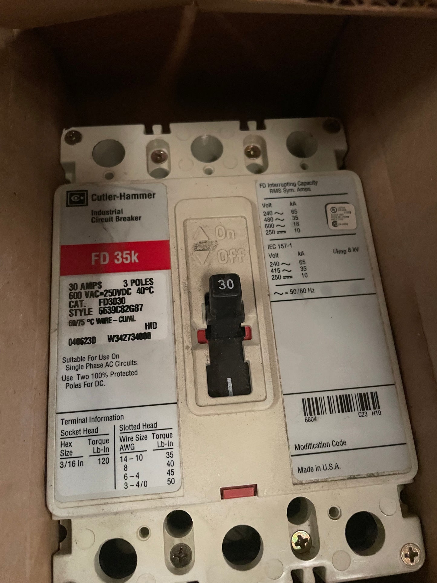 Eaton FD3030 Series C Industrial Circuit Breaker 30A 2P - New Surplus