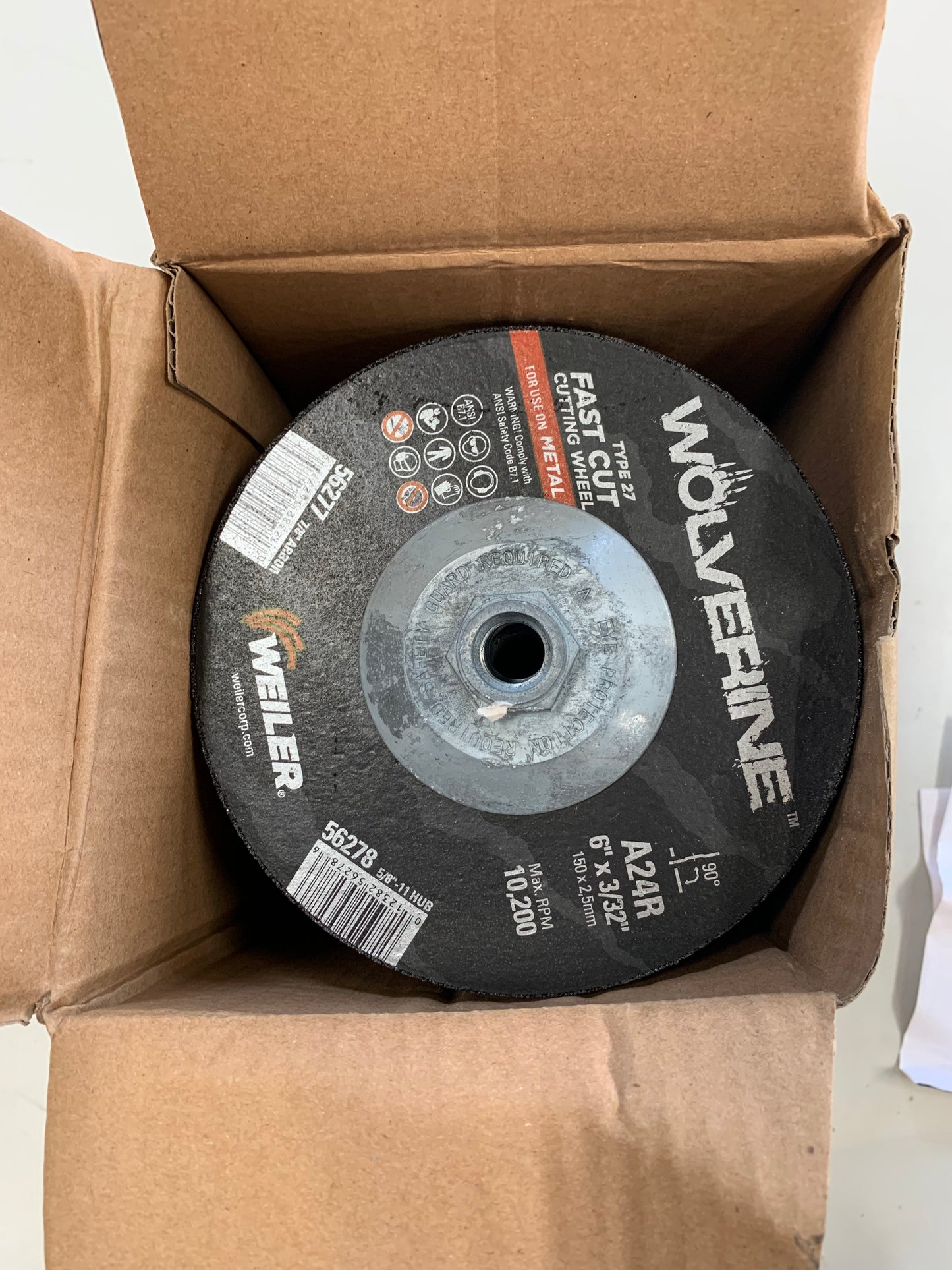 Weiler 56278 Type 27-A24R-Fast Cut Cutting Wheel 6x3/32x5/8-11 inch - New Surplus