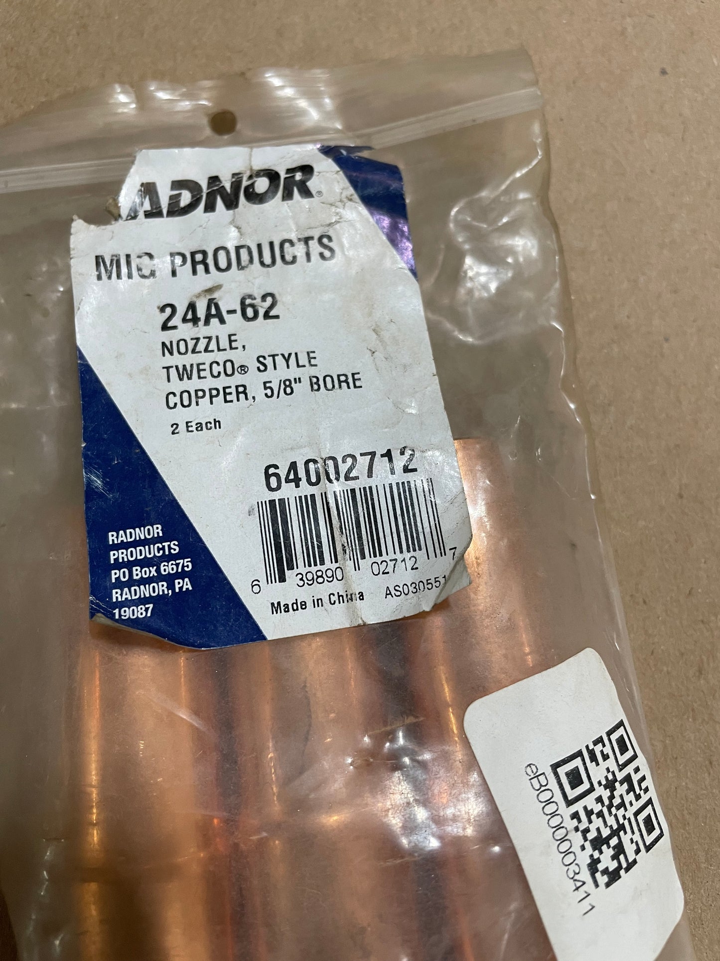 Radnor 64002688 MIG 22-62 Nozzle Tweco Style Copper 5/8in. Bore (Pack of 3) - New Surplus