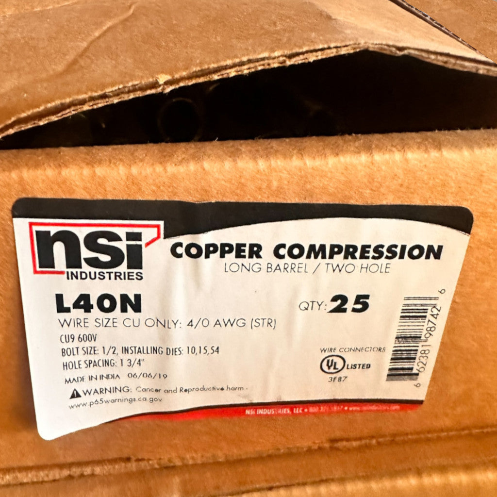 NSI Industries L40N Copper Compression 4/0 AWG (Box of 25) - New Surplus