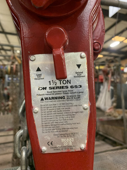 CM5315 653 Series 1-1/2 Ton Lever Hoist with 20 Ft. Chain Fall  -  Reconditioned