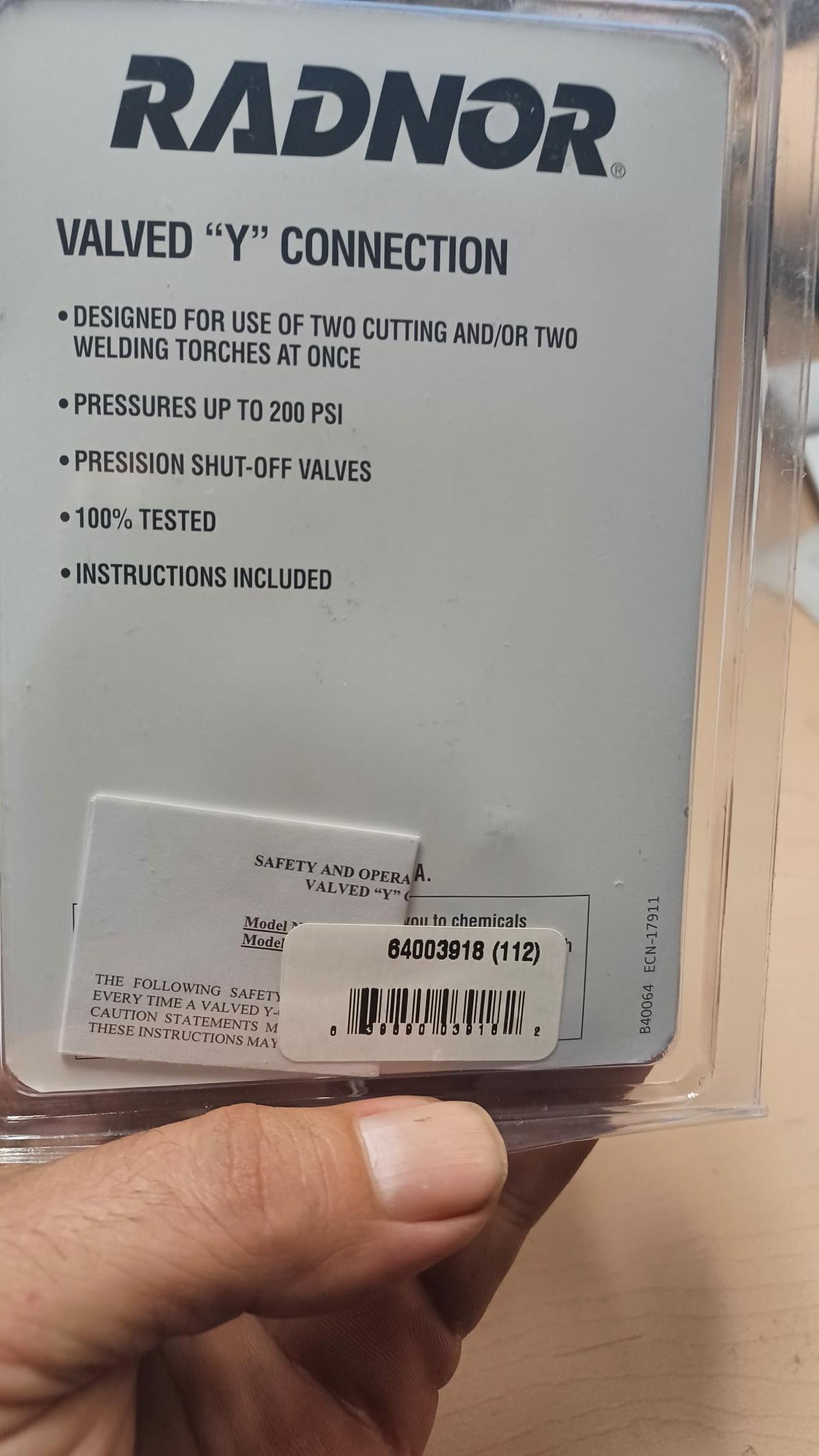 Radnor 64003918 Fuel Gas Left Hand Y Connection - New Surplus