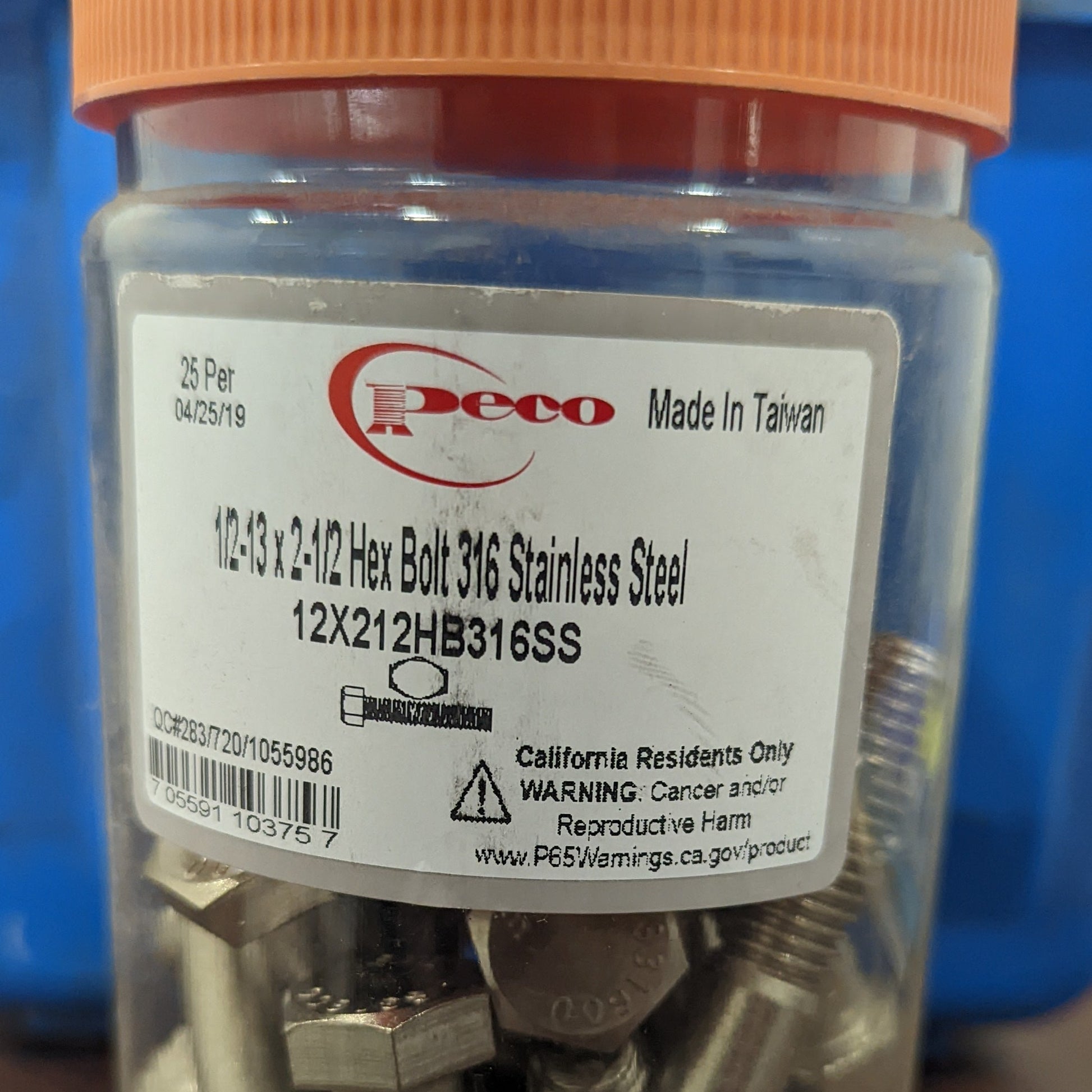 PECO 12X212HB316SS 1/2-13 X 2-1/2 HEX BOLT 316 STAINLESS 25