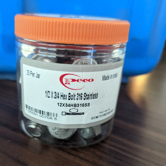 PECO 12X34HB316SS 1/2-13 X 3/4 Hex Cap Screw 316 Fully Threaded Stainless Steel 5 Jars of 25 pcs - New Surplus