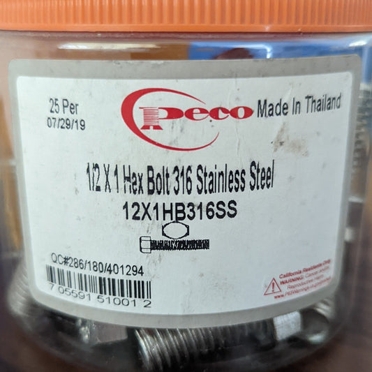 PECO 12X1HB316SS - 1/2-13 X 1 Hex Bolt 316 Stainless